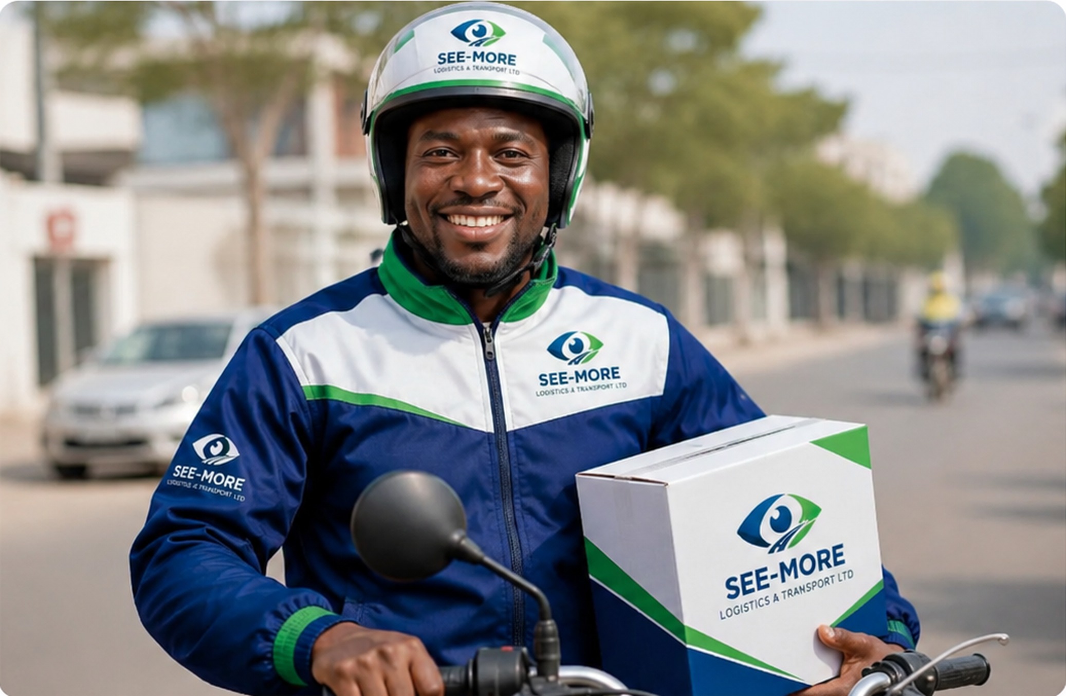 SEE-MORE Logistics & Transport rider in branded blue and green uniform holding a SEE-MORE parcel